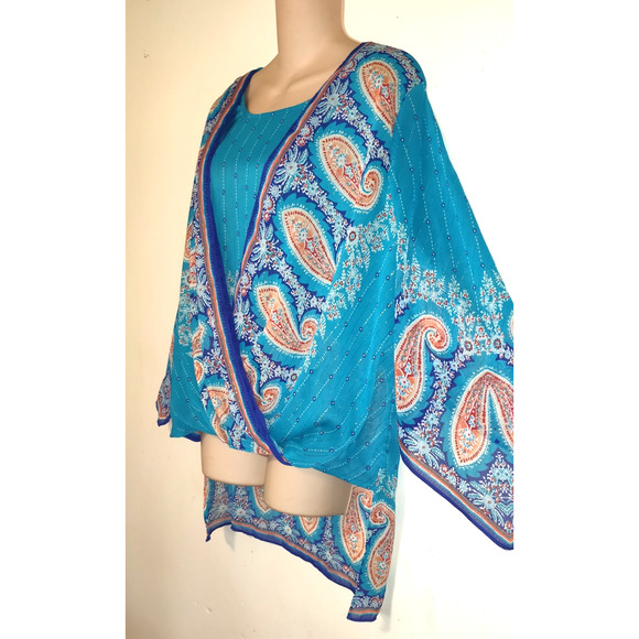 Chicos Caftan Sheer Top Womens Large Turquoise Beaded Boho Flowy Hi Low Shimmery - Picture 3 of 16